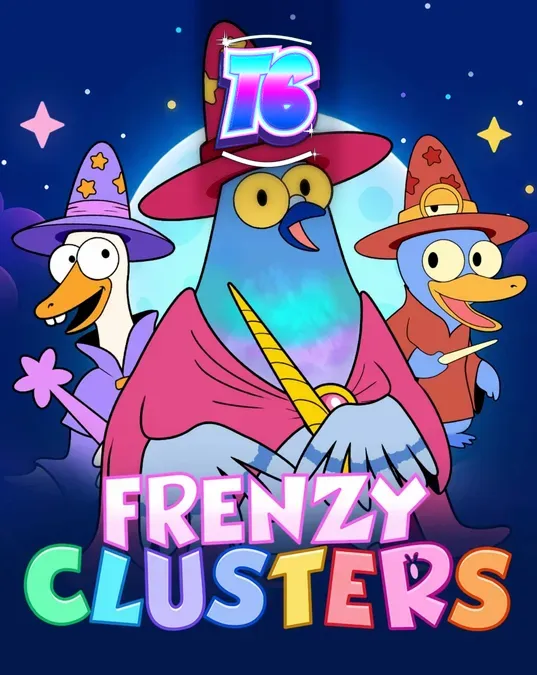 Tampilan visual slot Frenzy Clusters dengan karakter unik dan grid 7x7