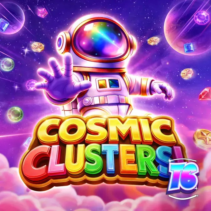 Tampilan visual grid 6x6 dalam slot Cosmic Clusters dengan latar belakang nebula ungu.